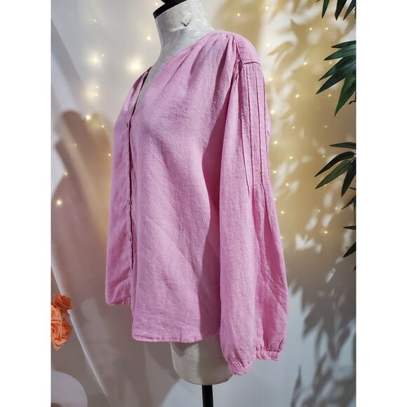 Joie Linen Shell Button Pleated Long Sleeve Blouse Top Womens Size L Pink Hi Low - Picture 2 of 10